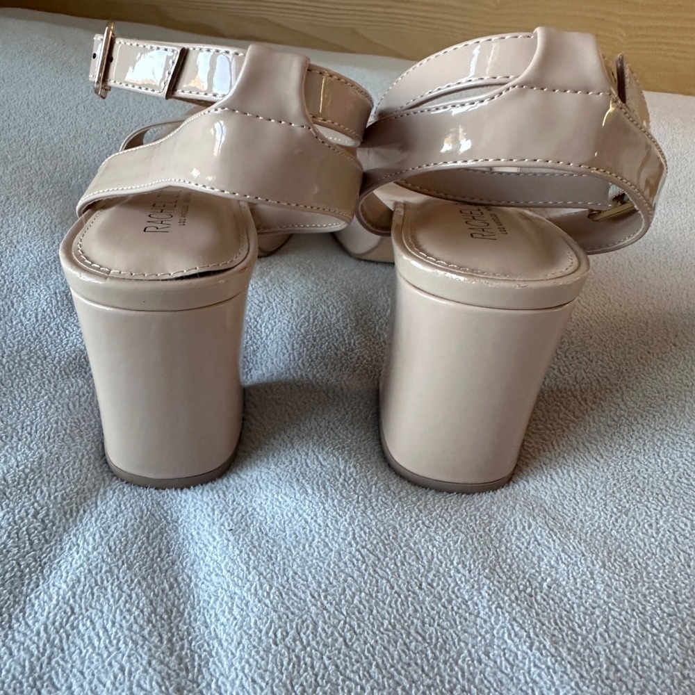 Rachel Zoe Block Heel Sandal Womens 9.5 Patent Nude Beige Strappy - Picture 7 of 8